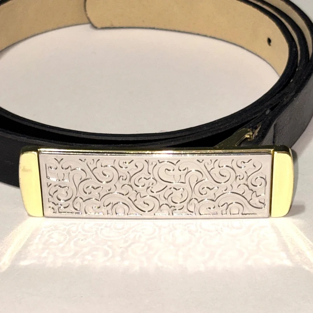 Black Skinny Belt Mixed Metal Silver Gold Filigree Plaque Buckle Medium 32-38